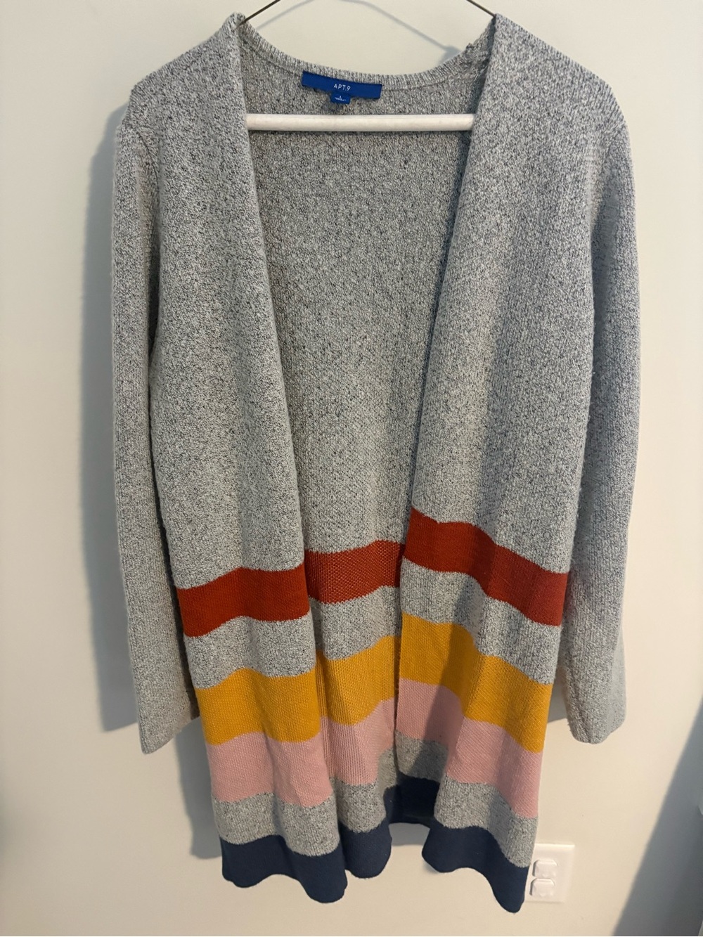 Apt. 9 Gray Open Cardigan with Rust, Mustard, Pink and Navy Stripes